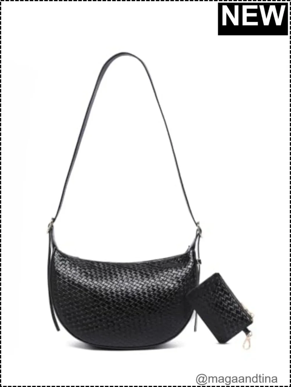 Woven Crescent Shoulder Bag 2PC Vegan Leather Hobo Crossbody Handbag